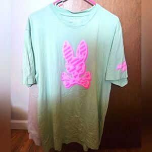 Psycho Bunny mint green short sleeve t-shirt with pink logo on front & sleeve